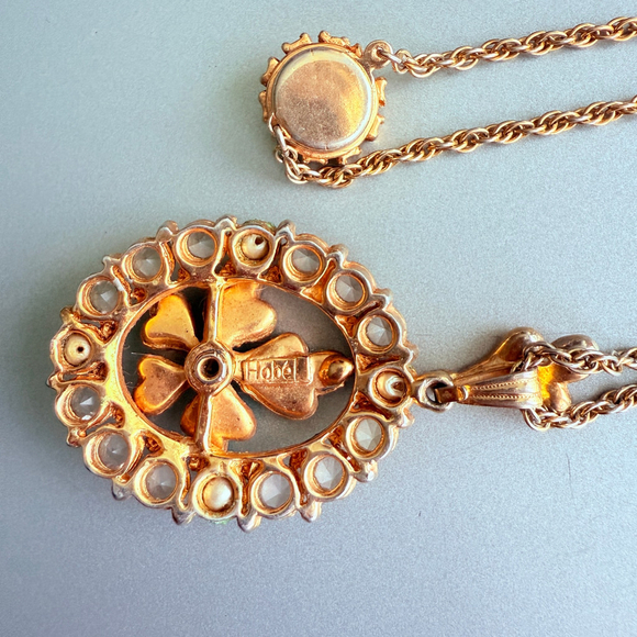 Vintage HOBE Gold Pansy Flower Rhinestone Pearl Pendant Necklace Circa 1940's - Picture 5 of 6